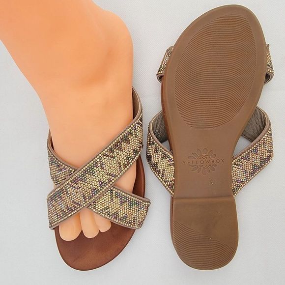 Yellowbox Sandals Bali Womens 6.5 Flat Slides Metallic Rhinestone Bling Slip On - Picture 5 of 10